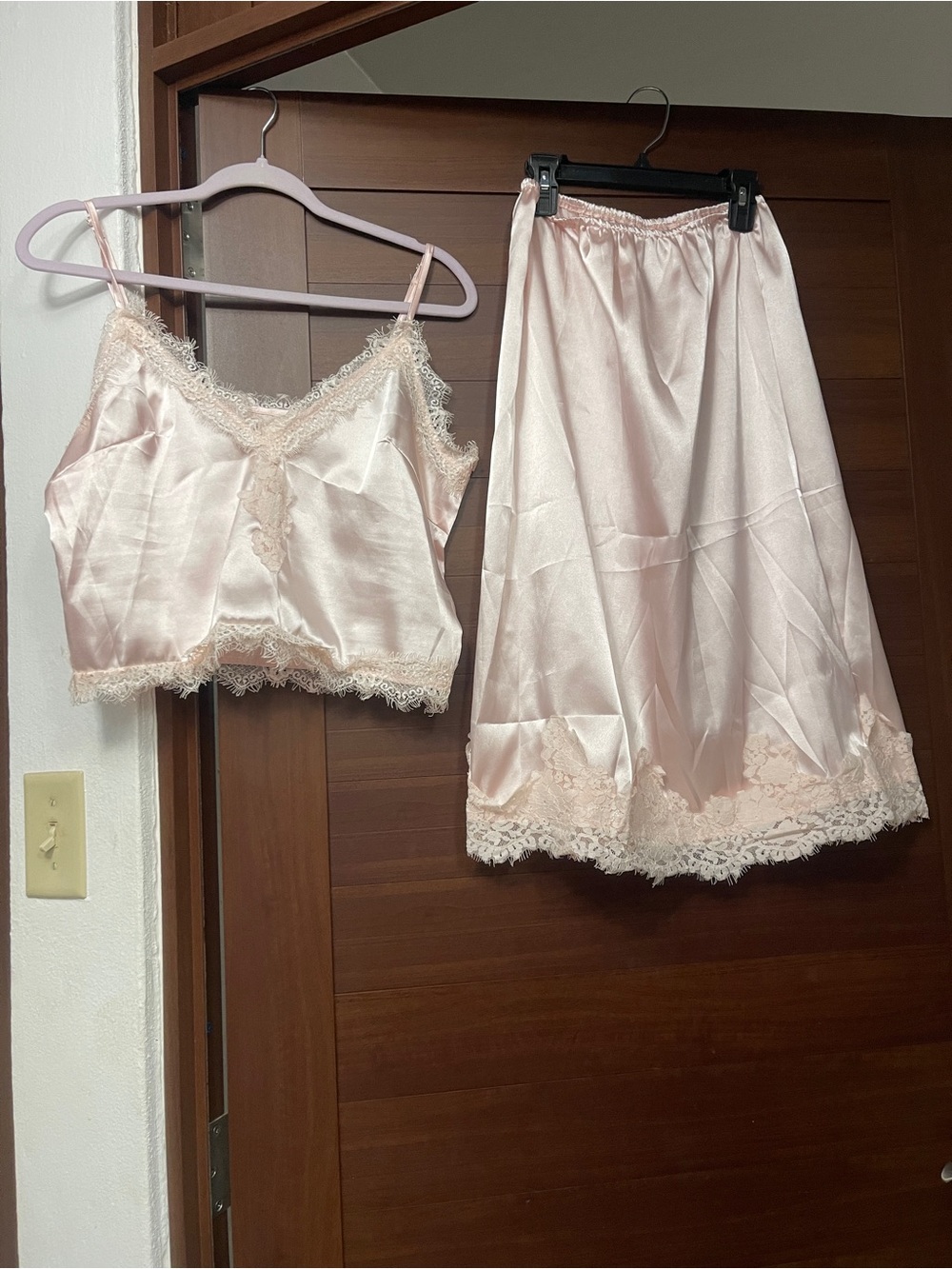 Vintage Lace-Trim Satin Cami & Skirt Set - Blush Pink